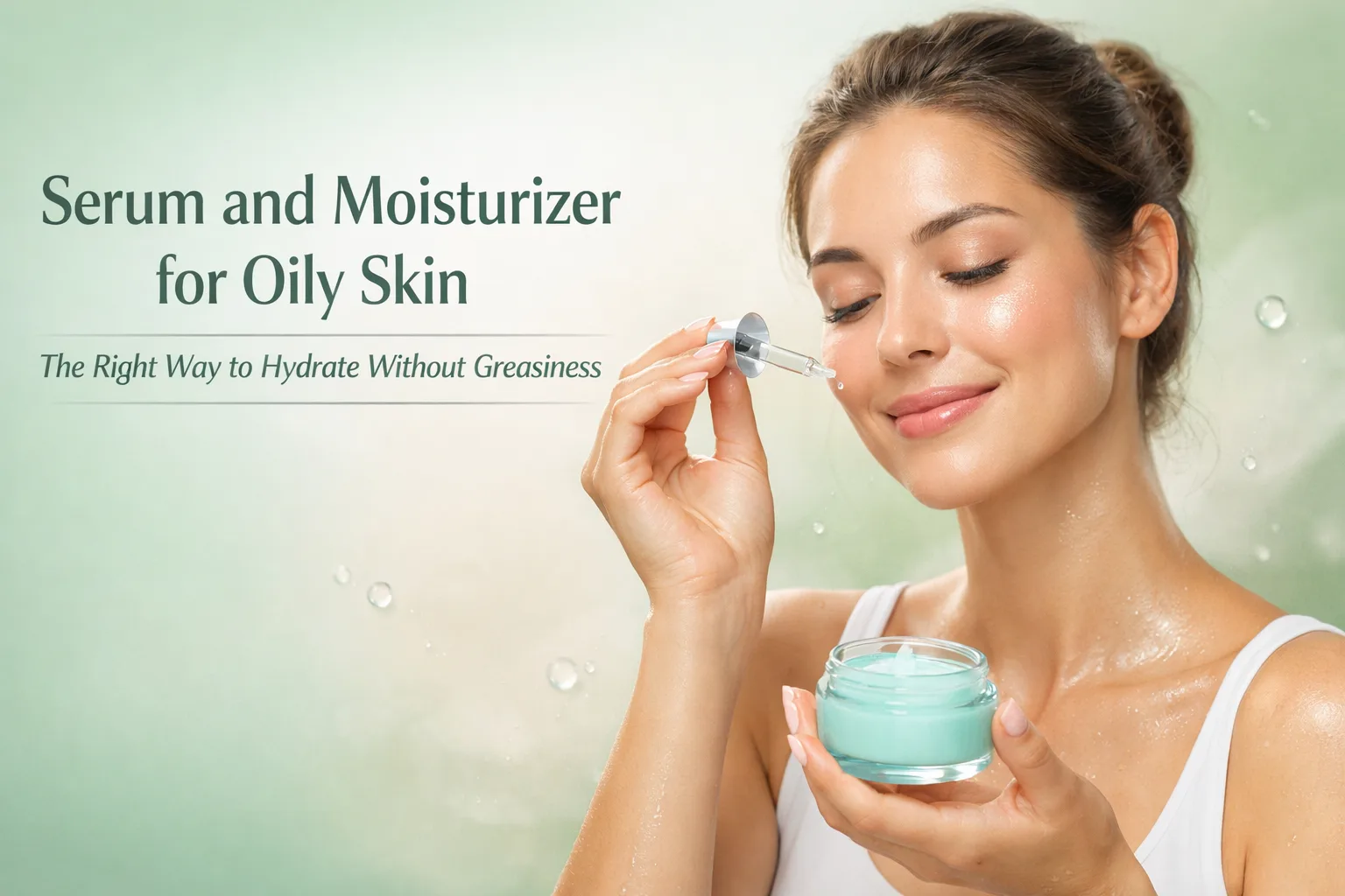 woman applying serum and gel moisturizer for oily skin hydration routine