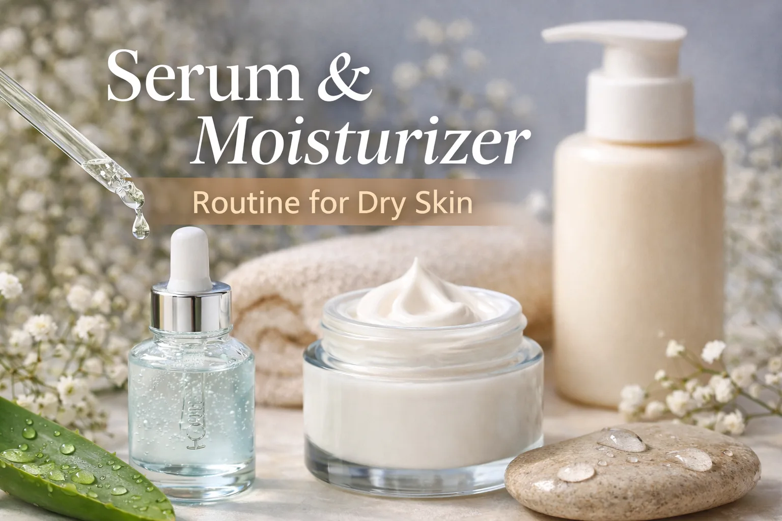 Serum and moisturizer skincare routine for dry skin showing hydrating serum dropper and moisturizing cream.