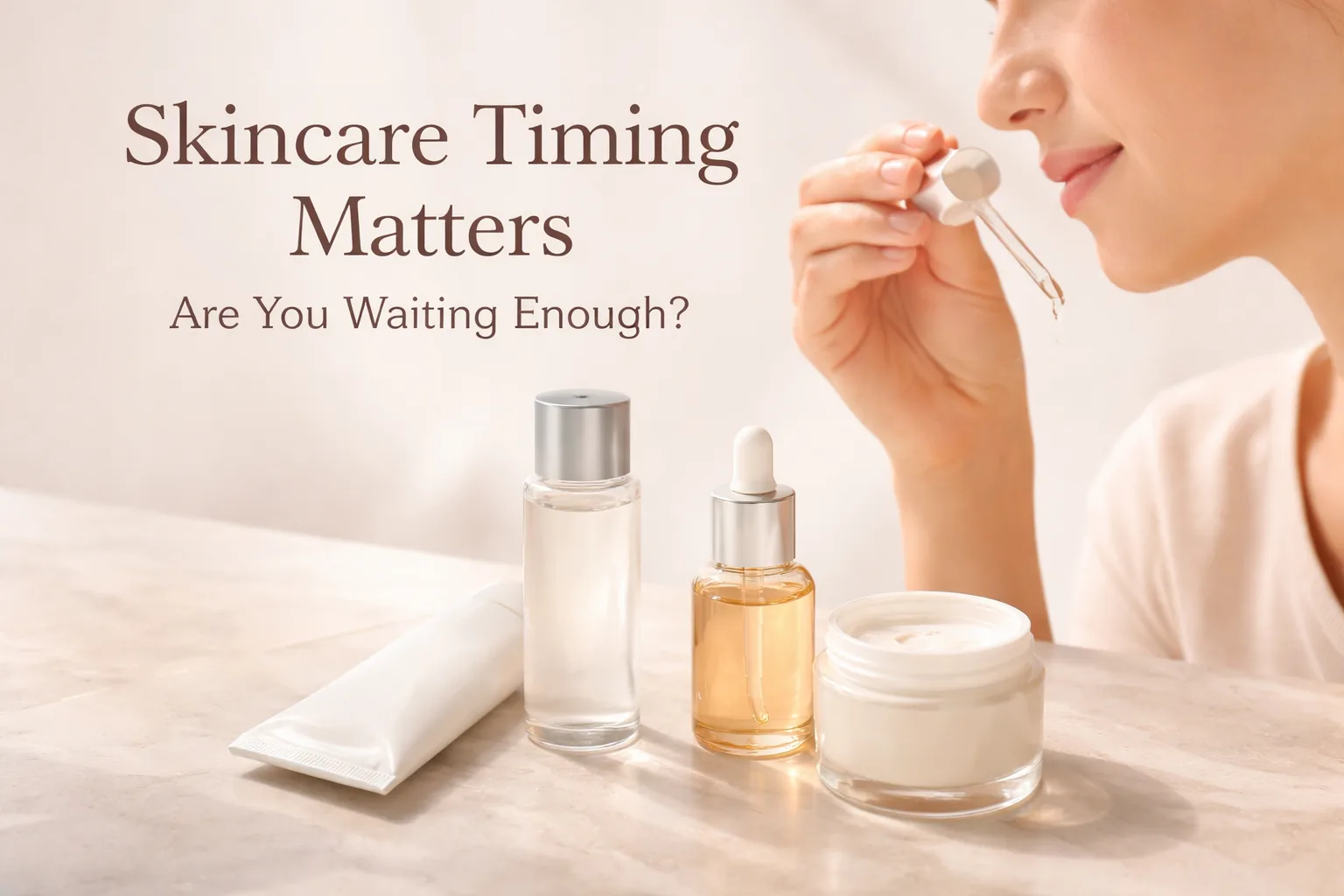 woman applying serum skincare product waiting time layering routine