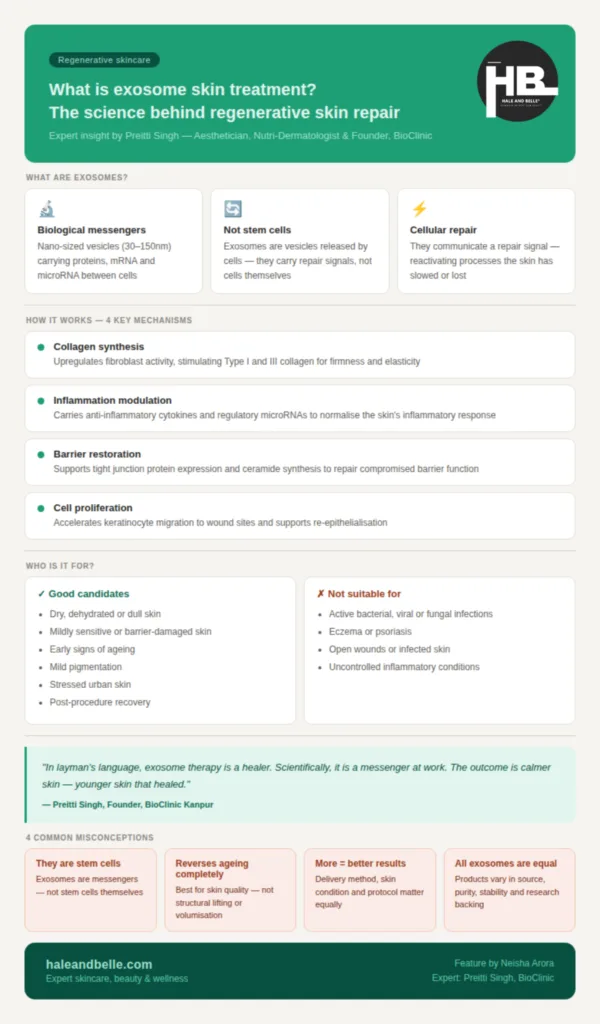 Infographic explaining exosome skin treatment — covering what exosomes are, how they work, who the ideal candidates are, and common misconceptions, with expert insight by Preitti Singh, Founder of BioClinic Kanpur. Published by Hale and Belle.